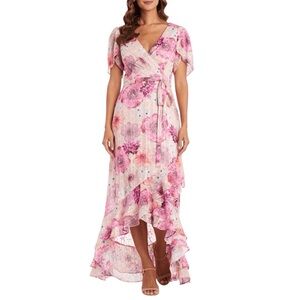 Night Way Hi Low Floral Maxi Dress Pink Chiffon Short Sleeve V Neck Size 4